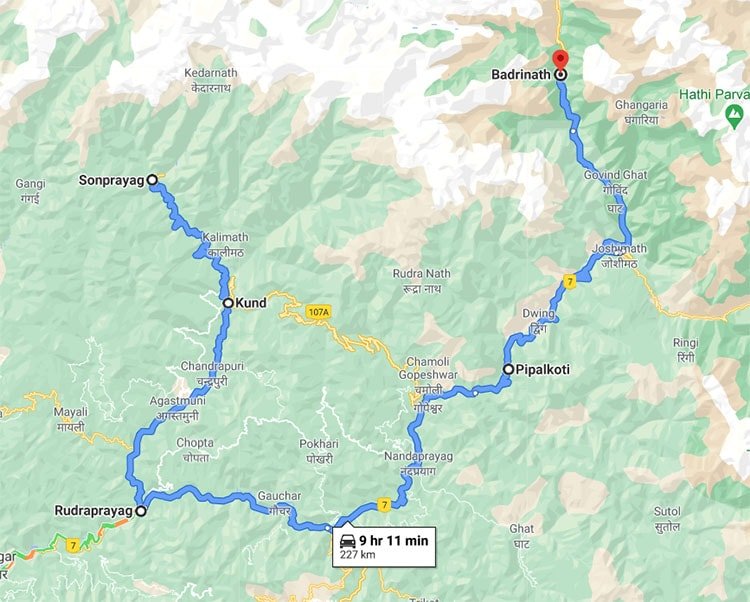 Kedarnath to Badrinath google map route